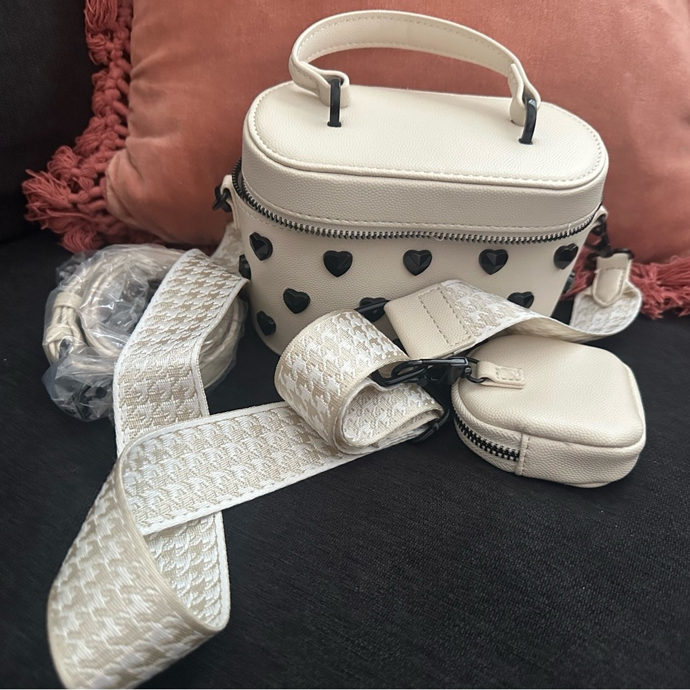 Betsey Johnson Cream Crossbody Bag with Black Heart Accents